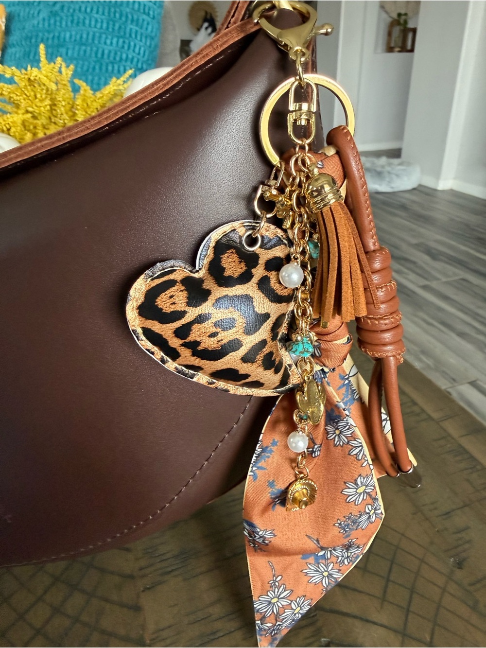 Leopard Heart Tassel Bag Charm Keychain - Brown